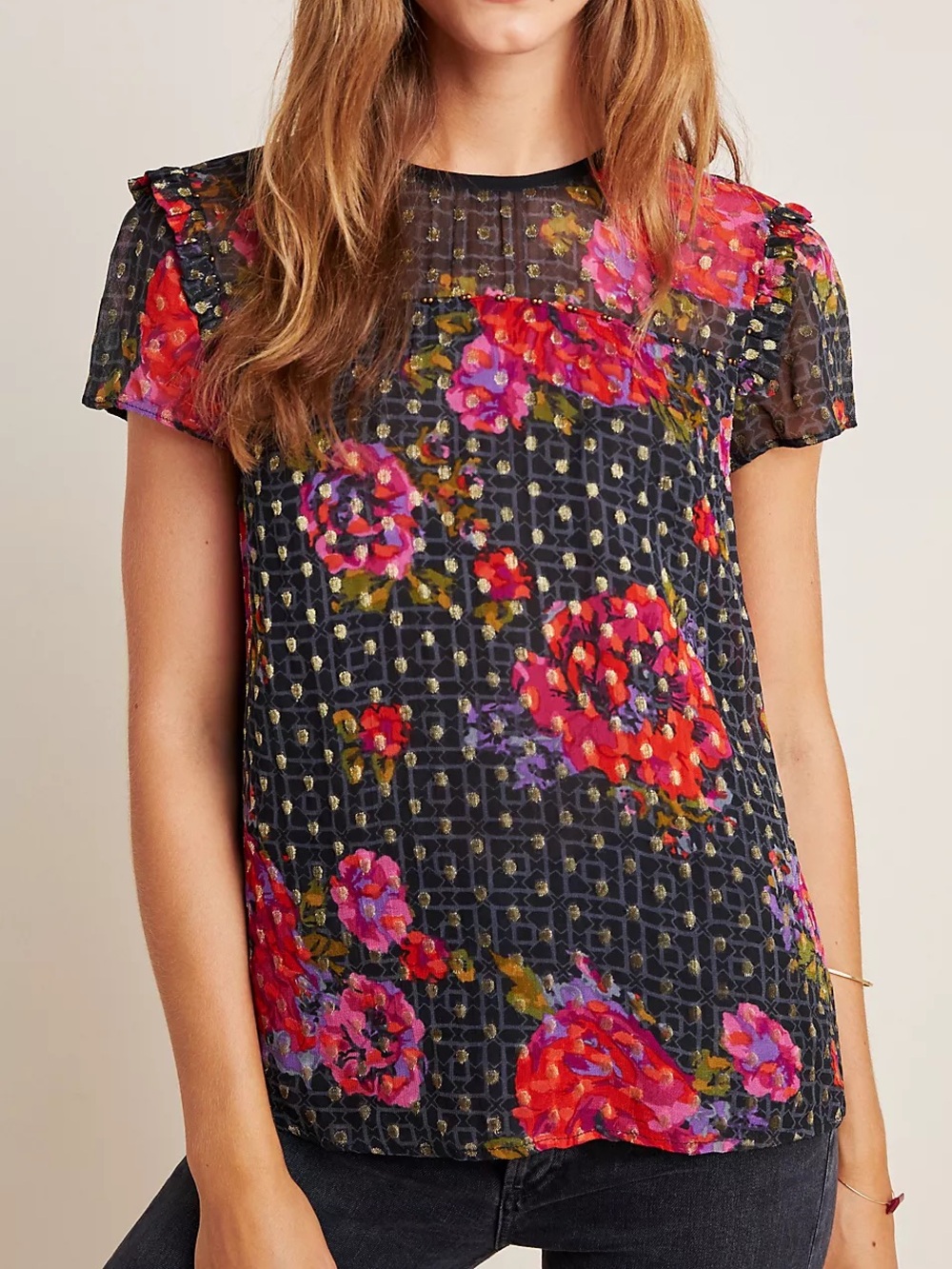 Anthropologie Fiorella Floral Short Sleeve Sheer Top Blouse Size 6 Boho